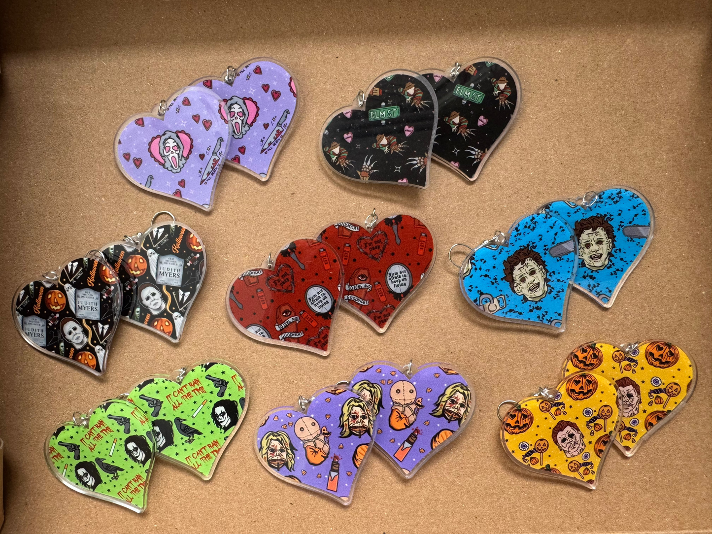 Halloween Horror Print Heart Earrings | Halloween Michael Myers, Ghostface, Trick r Treat. The Crow, Nightgmare on Elm Street