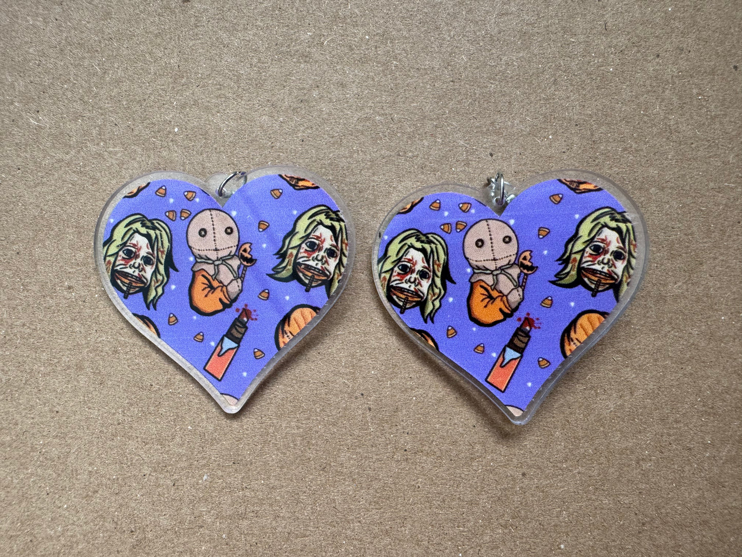 Halloween Horror Print Heart Earrings | Halloween Michael Myers, Ghostface, Trick r Treat. The Crow, Nightgmare on Elm Street
